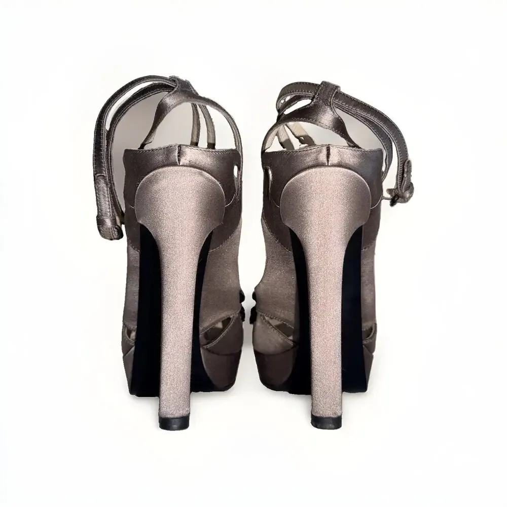 Bottega Veneta Grey Satin Embellished Bead Ankle Strap Platform Heels Sandal